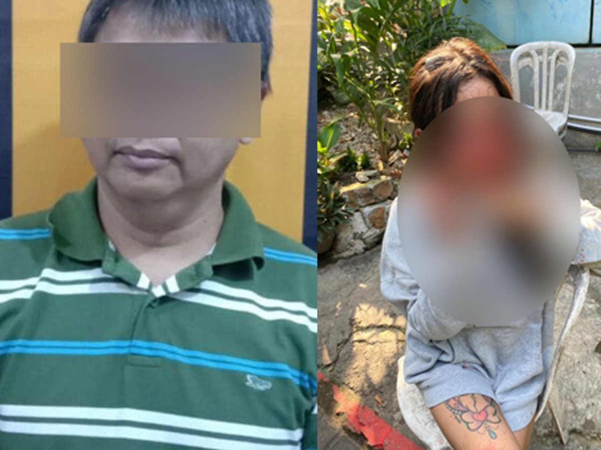 Driver taksi online dan wanita bertato di paha yang dipukulnya (Foto: Polsek Dukuh Pakis)