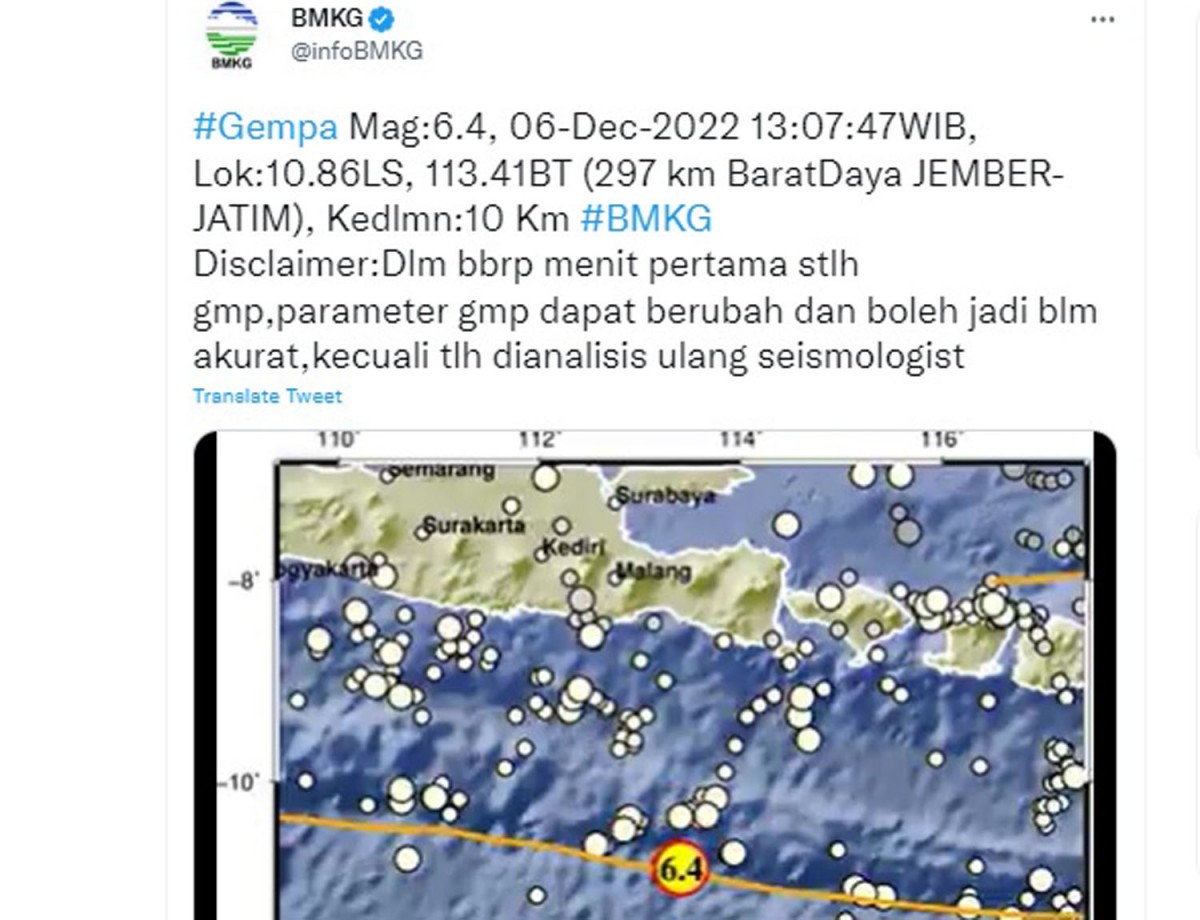 Gempa Guncang Jember Dua Kali, Magnitudo 6,2 dan 3,2
