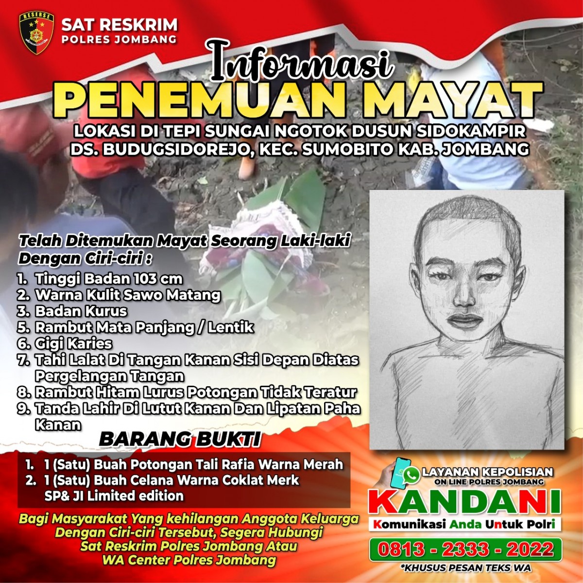 Sketsa wajah balita yang ditemukan di sungai Desa Budugsidorejo, Kecamatan Sumobito, Kabupaten Jombang, yang kini belum terungkap identitasnya. (Foto: Polsek Sumobito)