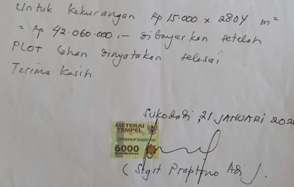 Penggalan surat keterangan yang dibuat perwakilan PT PAM pada warga yang menjual lahan. (Foto: Elok Aprianto/jatimnow.com)