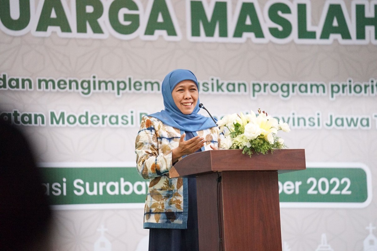 Khofifah di Forum Penguatan Moderasi Beragama Berbasis Keluarga Maslahah yang digelar Kemenag Jawa Timur di Gedung Muzdalifah Asrama Haji Surabaya. (Foto-foto: Pemprov Jatim/jatimnow.com)