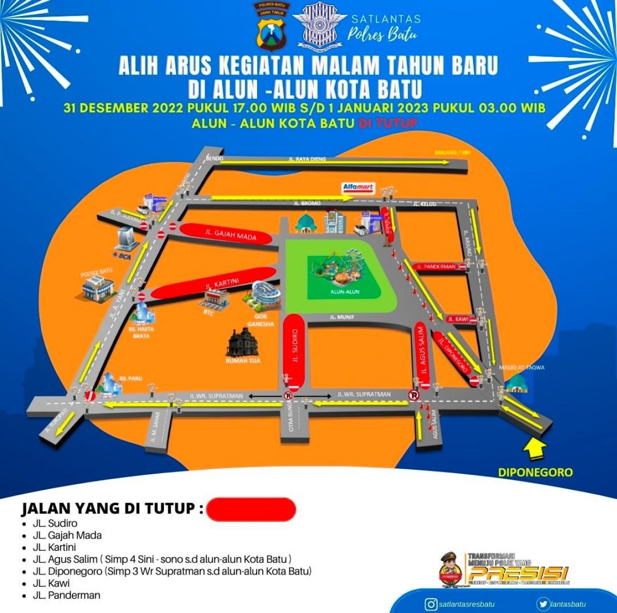 Rekayasa lalu lintas di sekitar Alun-Alun Kota Batu. (Foto: Polres Batu to jatimnow.com)