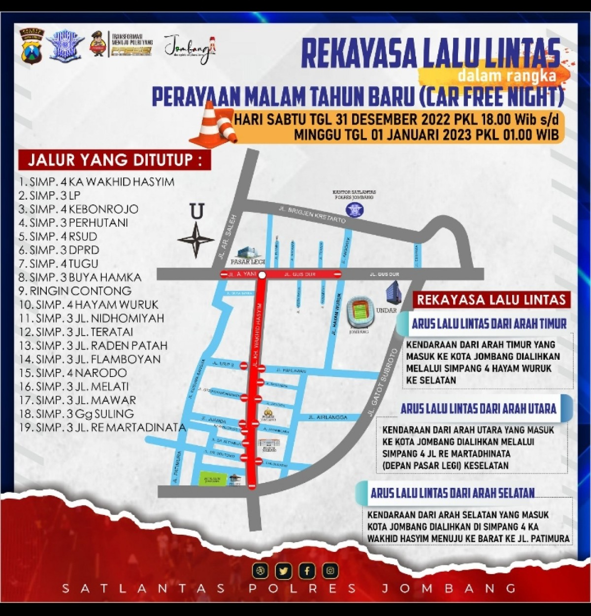 Rekayasa lalul intas yang diterapkan Satlantas Polres Jombang.(foto: Satlantas Polres Jombang)