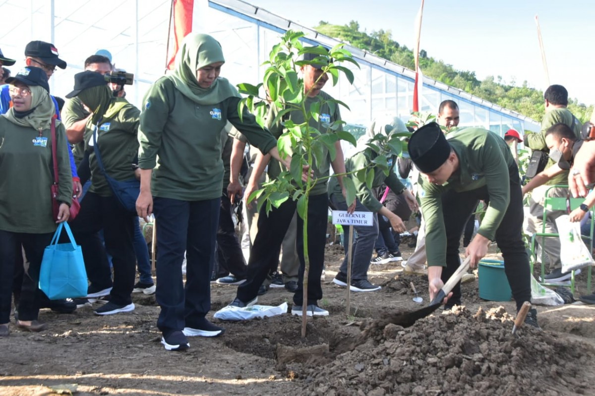 Gubernur Jawa Timur, Khofifah Indar Parawansa bersama Bupati Trenggalek, Mochamad Nur Arifin melakukan penanaman di lahan bekas tambang. (foto: Kominfo Trenggalek for jatimnow.ccom)