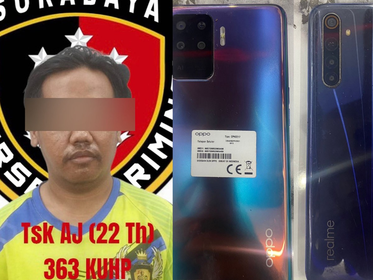 Kolase pelaku dan HP yang dicuri (Foto: Satreskrim Polrestabes Surabaya)