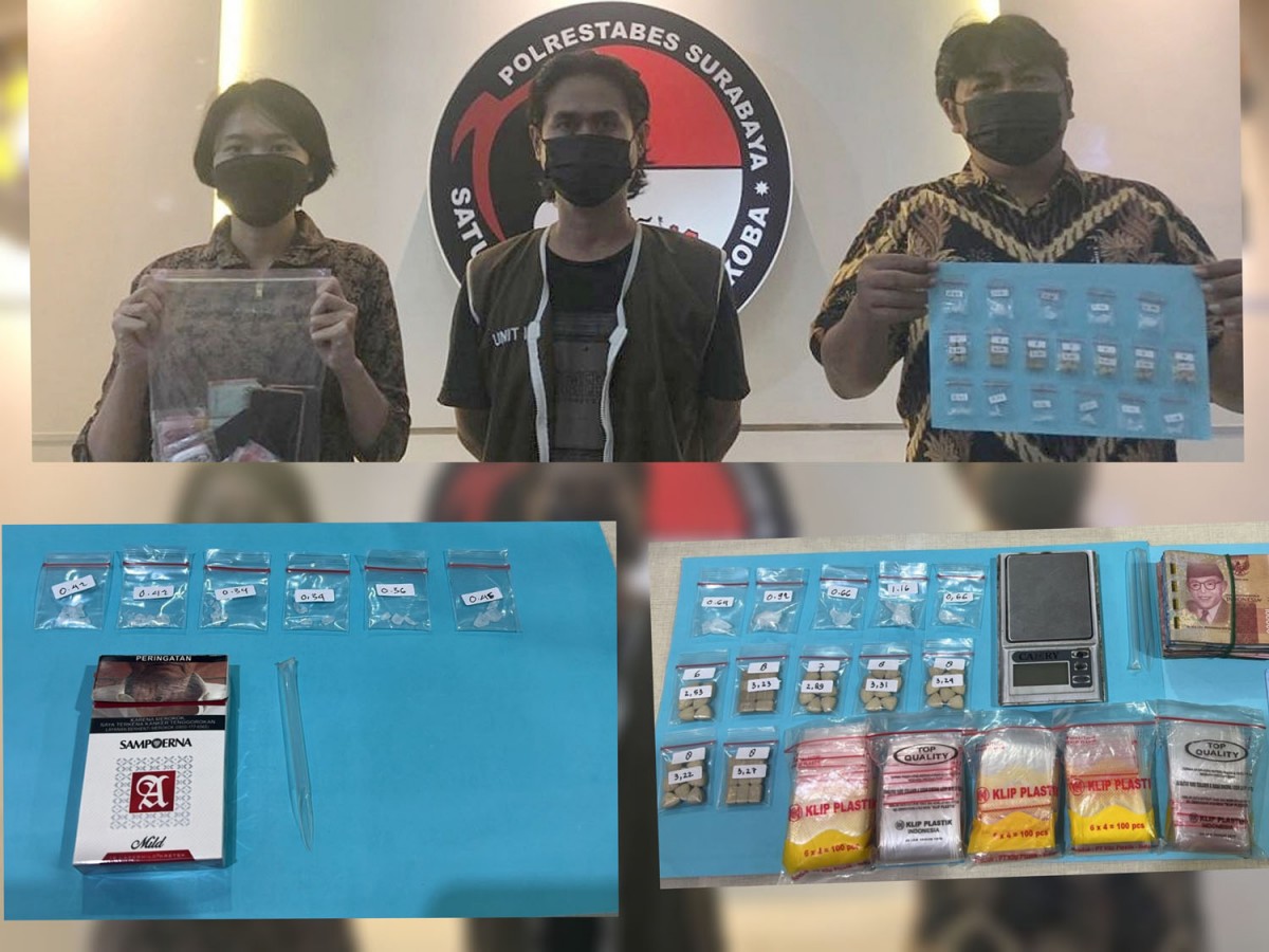 Kolase pengedar dan barang bukti narkoba (Foto: Satresnarkoba Polrestabes Surabaya)