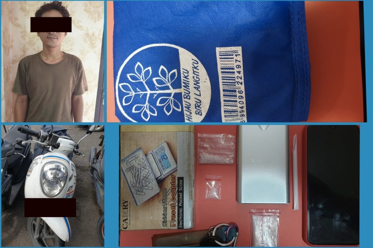 Tukang mebel nyambi pengedar sabu saat diamankan bersama barang bukti. (Foto: Polres Pelabuhan Tanjung Perak Surabaya).