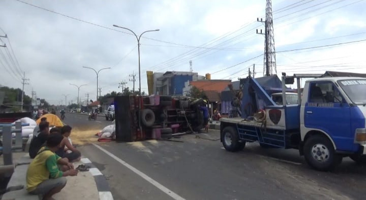 Truk Muatan Pakan Benur Terguling di Jombang karena Hindari Kucing