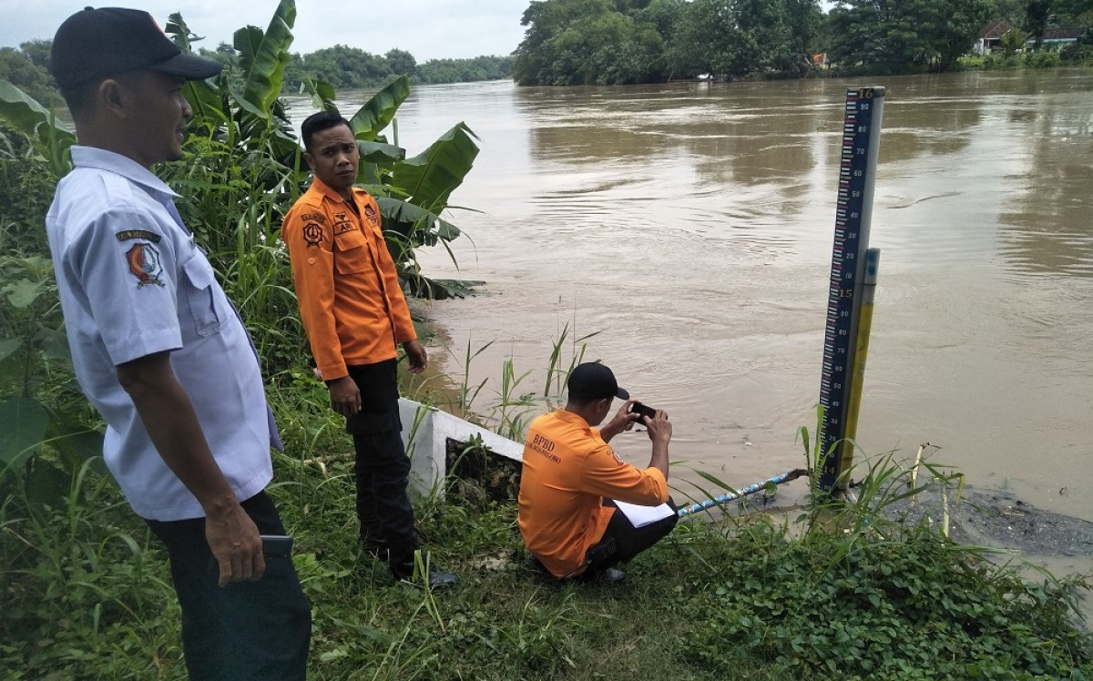Petugas BPBD Bojonegoro saat memantau ketinggian air Sungai Bengawan Solo. (Foto: Misbahul Munir/Jatimnow.com)