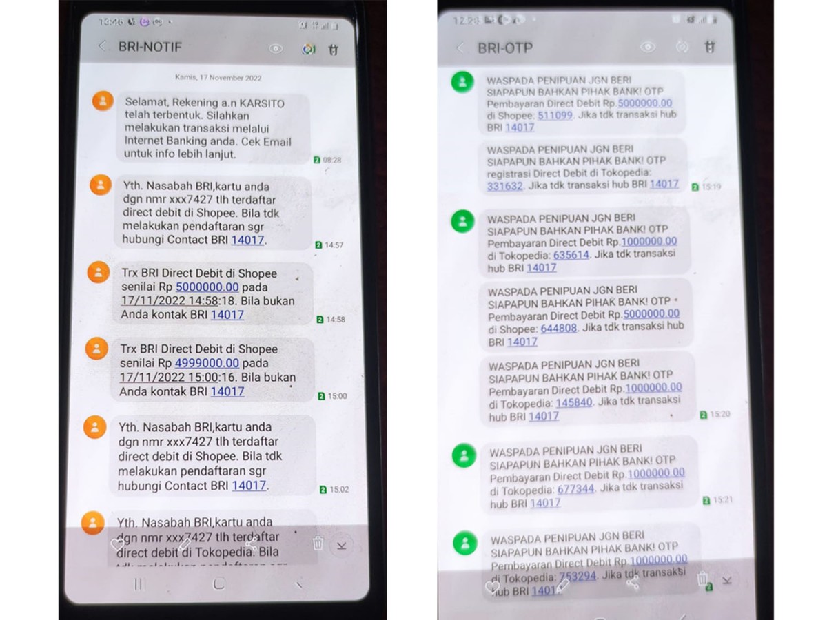 Bukti SMS dari BRI ditunjukkan Karsito (Foto: Zainul Fajar/jatimnow.com)