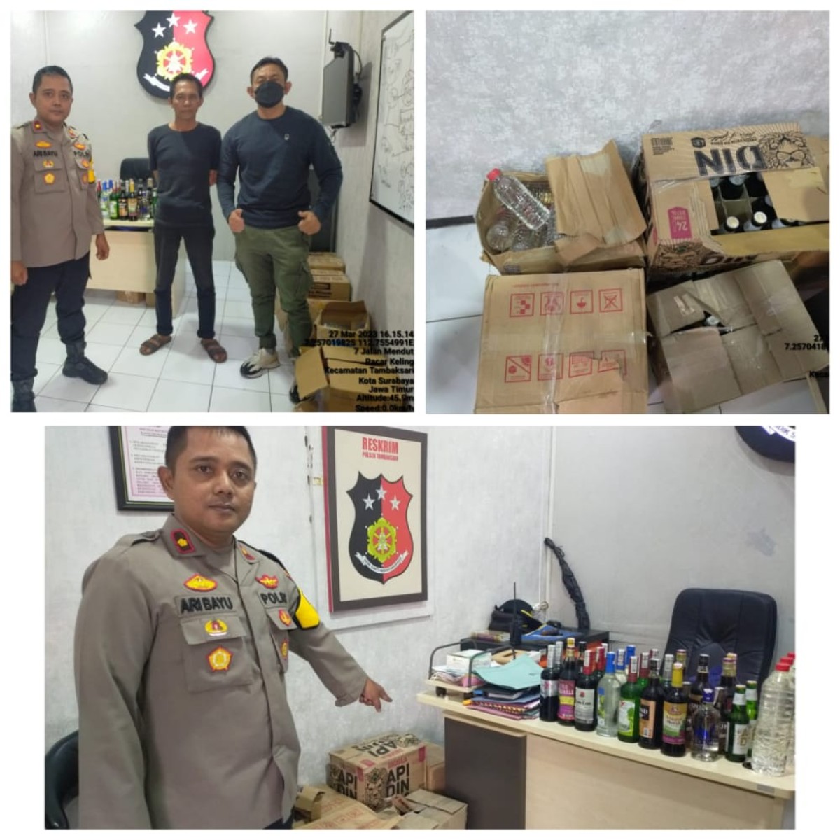 Penjual miras dan barang bukti saat diamankan. (foto: Polsek tambaksari for jatimnow.com).