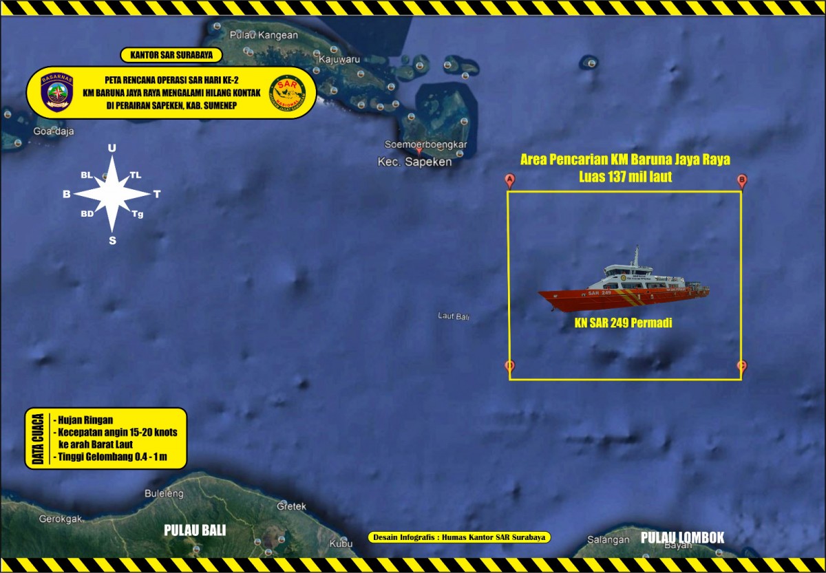 Lokasi dugaan hilangnya KM Baruna Jaya Raya. (foto: Kantor SAR Surabaya for jatimnow.com)