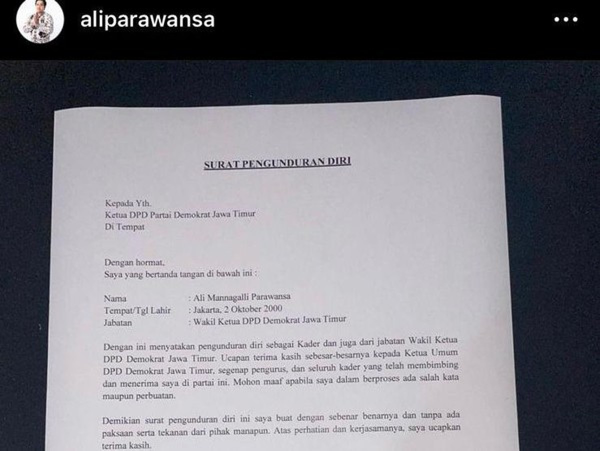 Surat pengunduran diri Ali Mannagalli dari Partai Demokrat sempat diunggah di akun IG pribadinya. (Foto: tangkapan layar @aliparawansa)