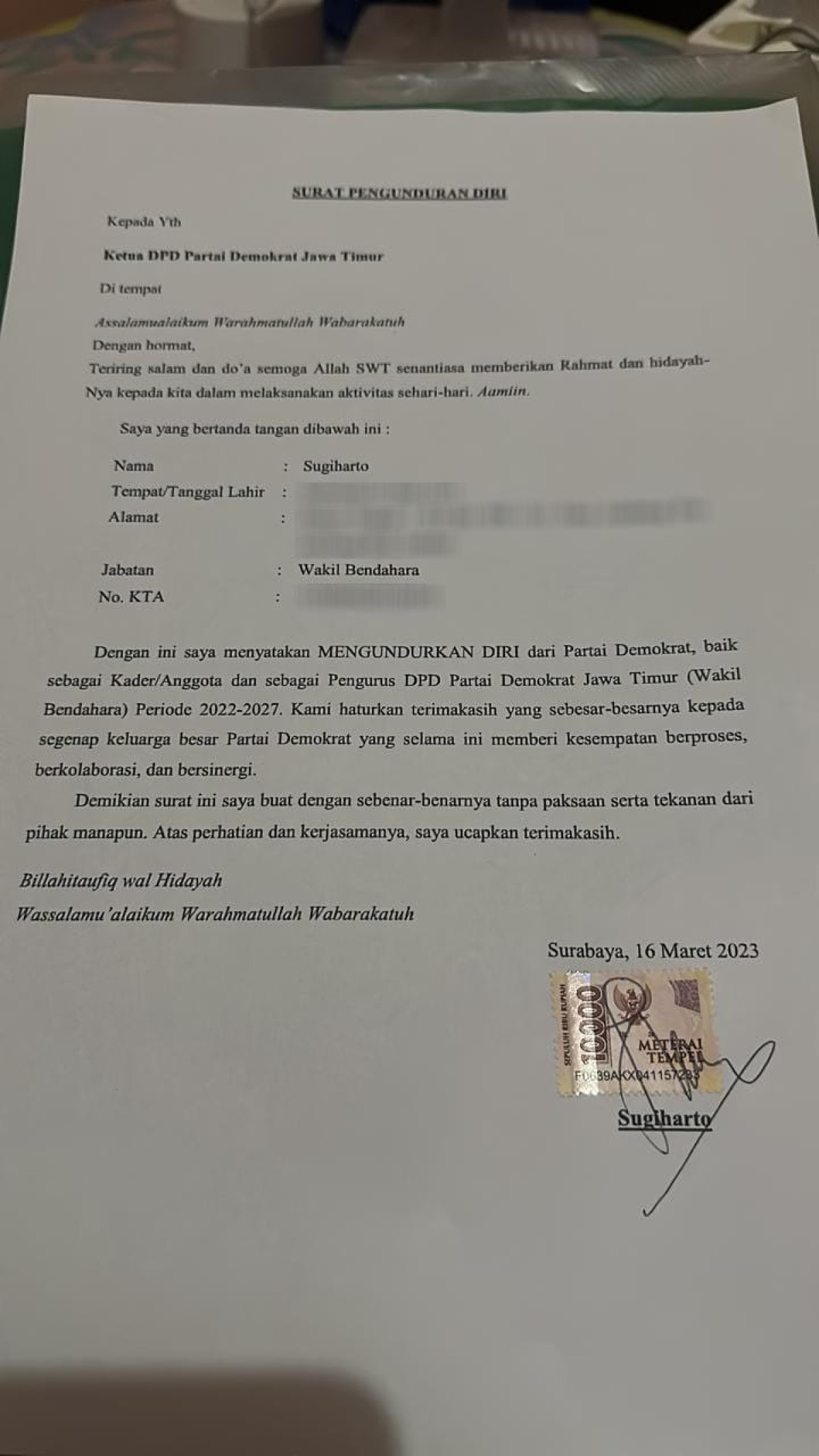 Susul Anak Khofifah, Wakil Bendahara Demokrat Jatim Mundur