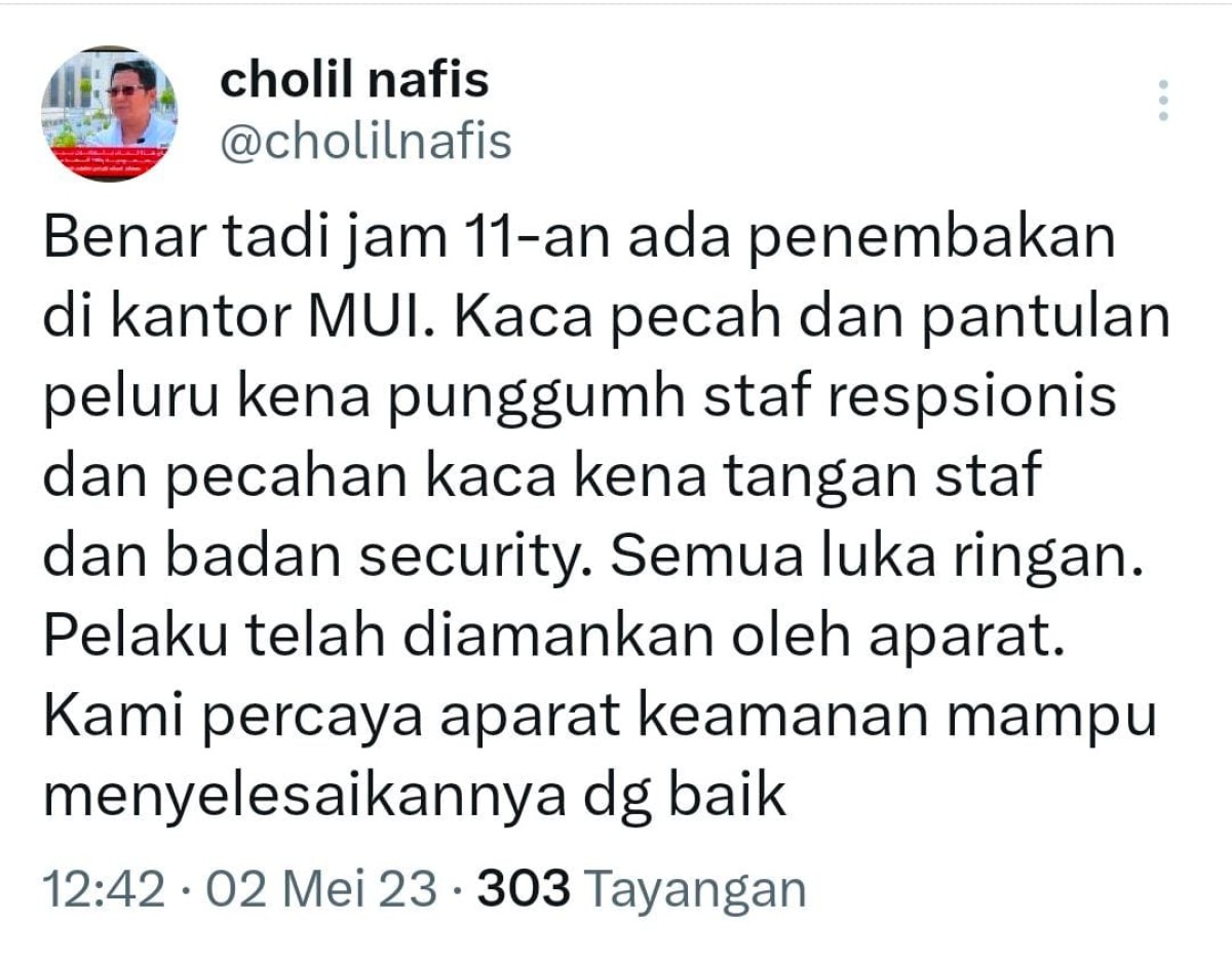 Postingan Twitter Ketua MUI Bidang Dakwah dan Ukhuwah KH Cholil Nafis (Foto: Tangkapan layar)