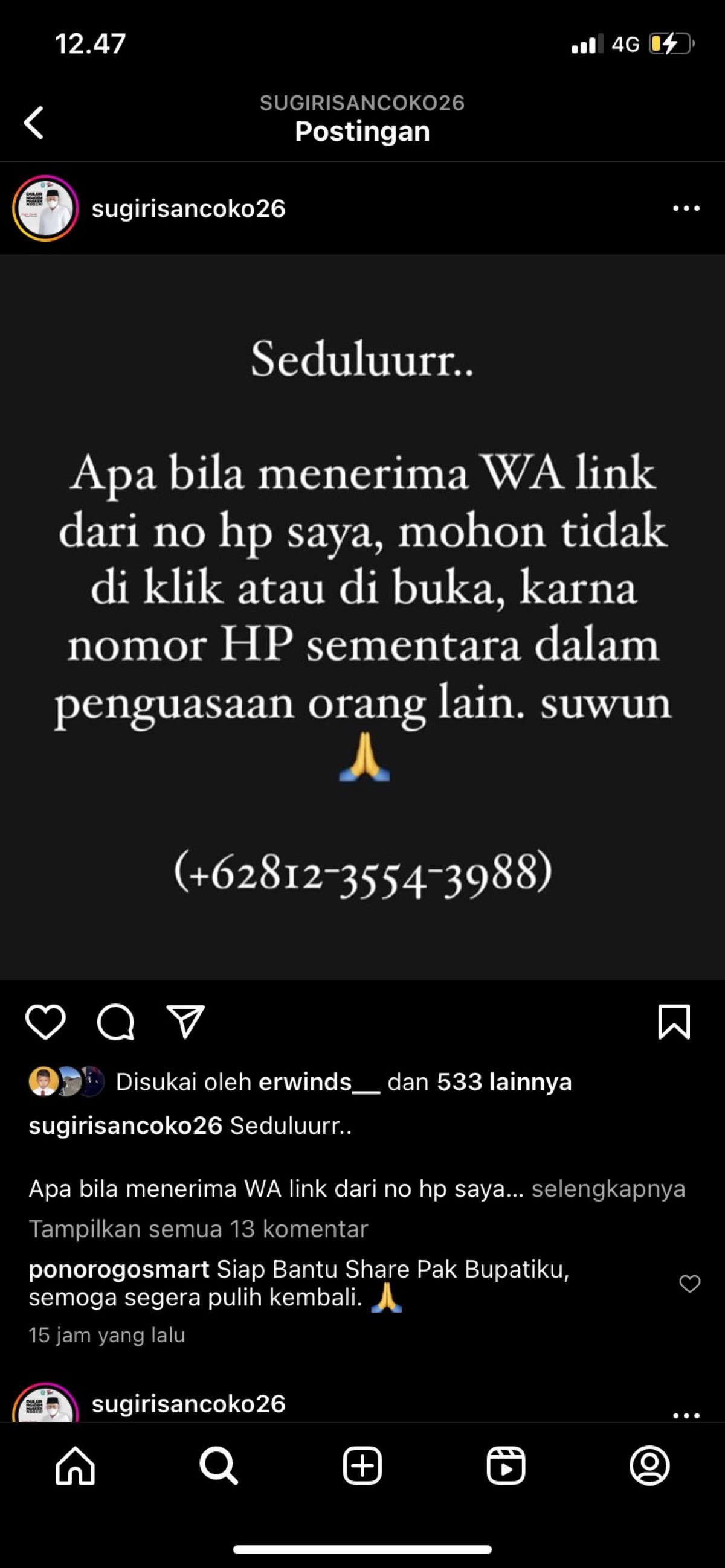 Screenshot pengumuman bahwa nomor handphone Bupati Ponorogo Sugiri Sancoko kena hacker. (Foto: Instagram Sugiri Sancoko)