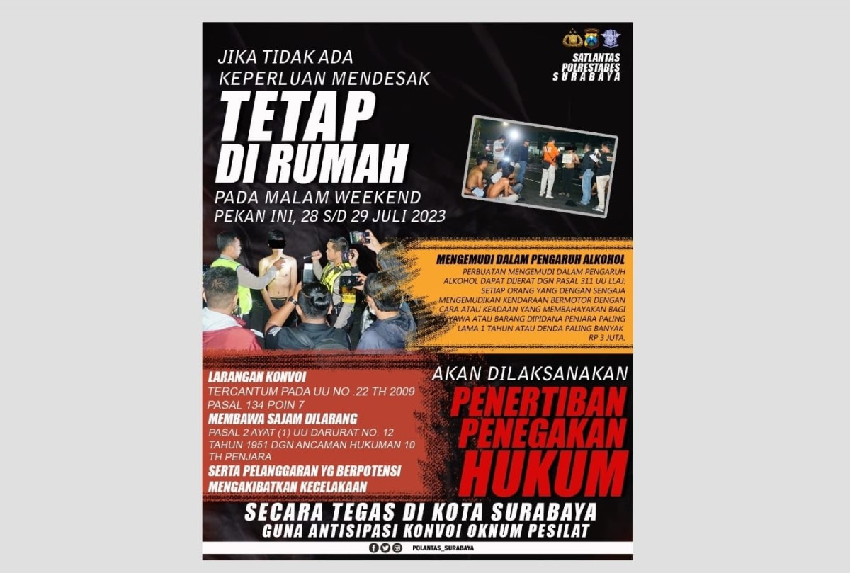 Imbauan Polrestabes Surabaya untuk di rumah pada akhir pekan.  Sumber: jatimnow.com https://jatimnow.com/baca-60308-polrestabes-surabaya-imbau-warga-tetap-di-rumah-akhir-pekan-ini-ada-apa