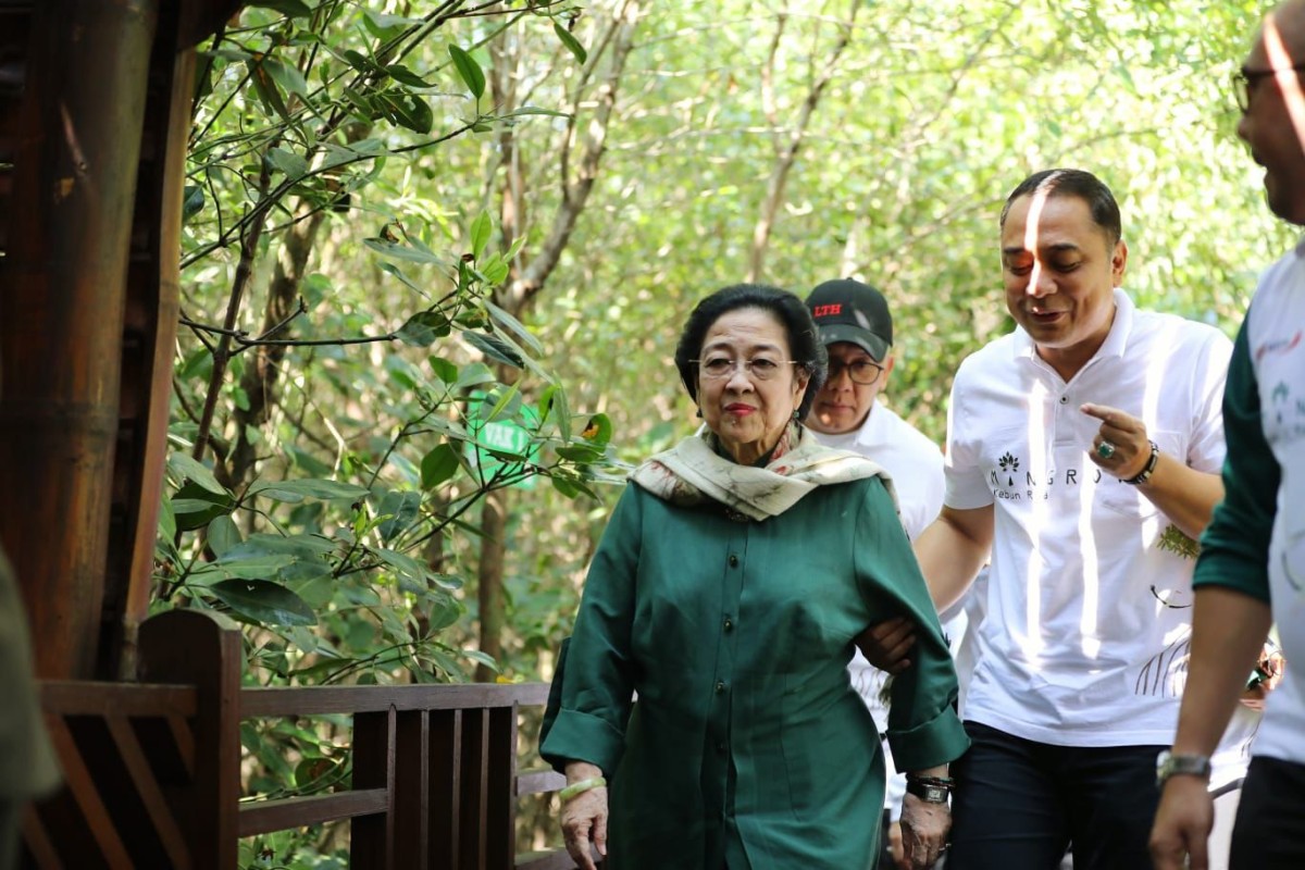 Eri Cahyadi saat menemani Megawati meninjau Kebun Mangrove di Gununganyar, Surabaya (foto: Humas Pemkot Surabaya for jatimnow.com).  Sumber: jatimnow.com https://jatimnow.com/baca-60269-pujapuji-eri-cahyadi-tentang-warisan-risma-di-hadapan-megawati-dan-kh