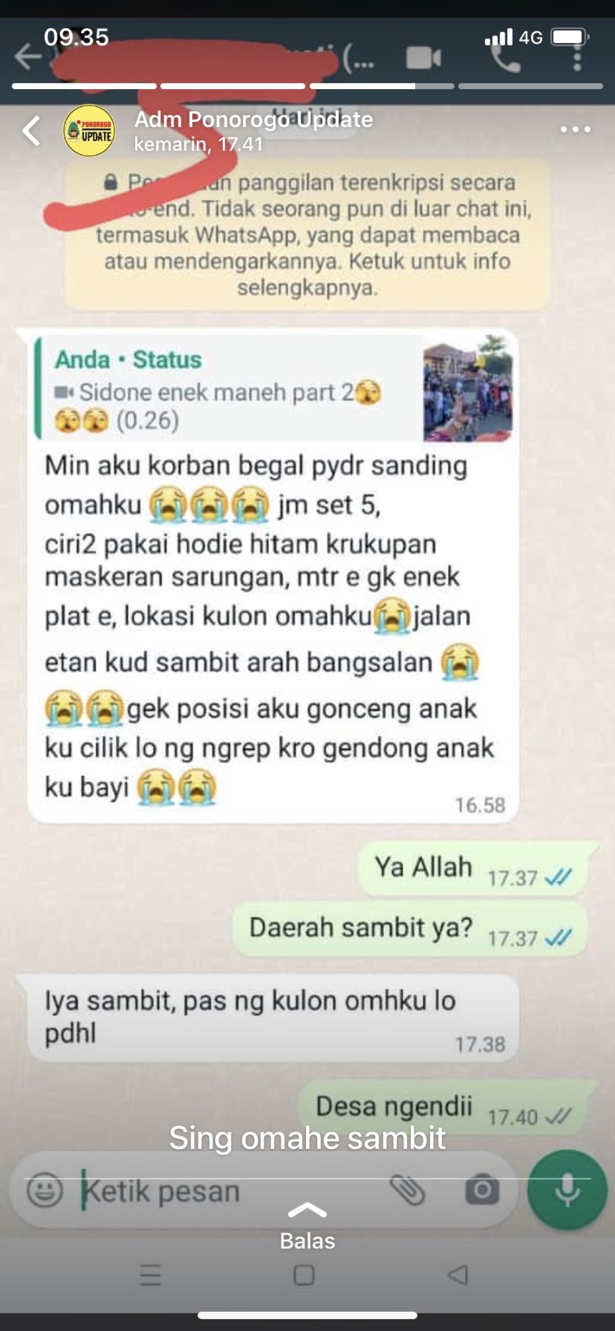 Percakapan admin ponorogo.update dengan korban. (Foto: tangkapan layar admin Instagram ponorogo.update)