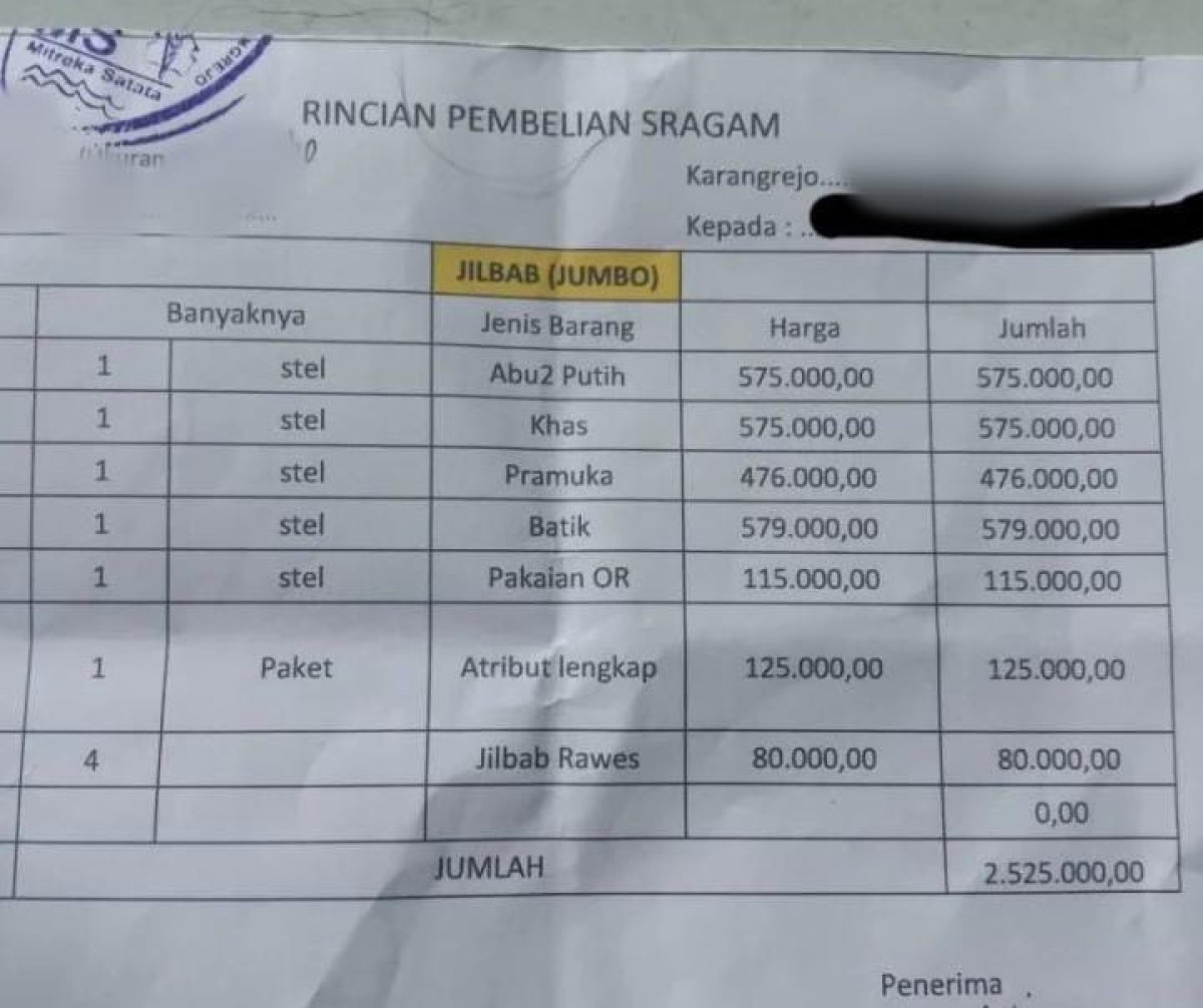 Kuitansi seragam mahal dikeluhkan orang tua siswa di Tulungagung.