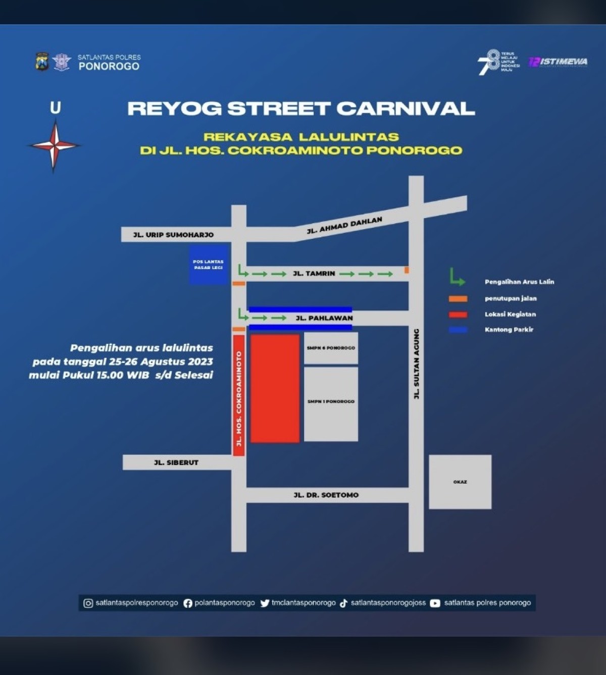 Rekayasa lalu lintas Jalan Thamrin Ponorogo pada Sabtu dan Minggu. (Foto: Ahmad Fauzi/jatimnow.com)