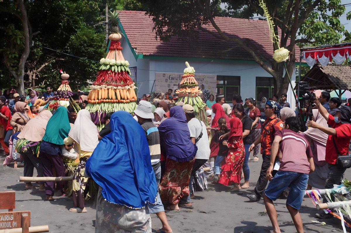 Warga berebut hasil bumi dalam gunungan Sedekah Desa. (Foto: Kominfo lumajangkab.go.id for jatimnow.com)