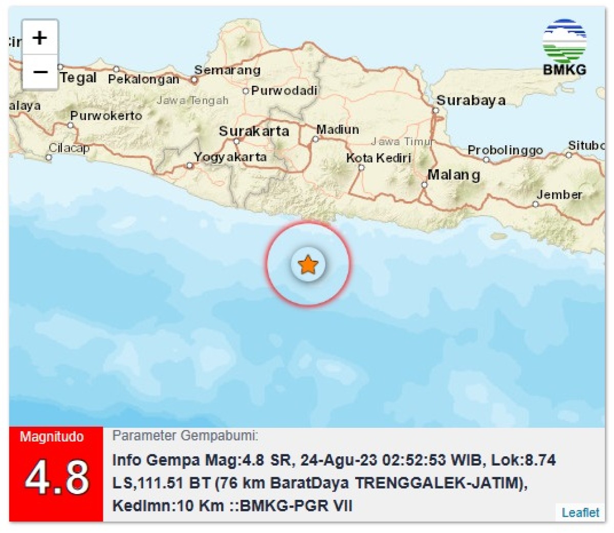 Informasi gempa di Trenggalek. (Foto: Dok. BMKG)