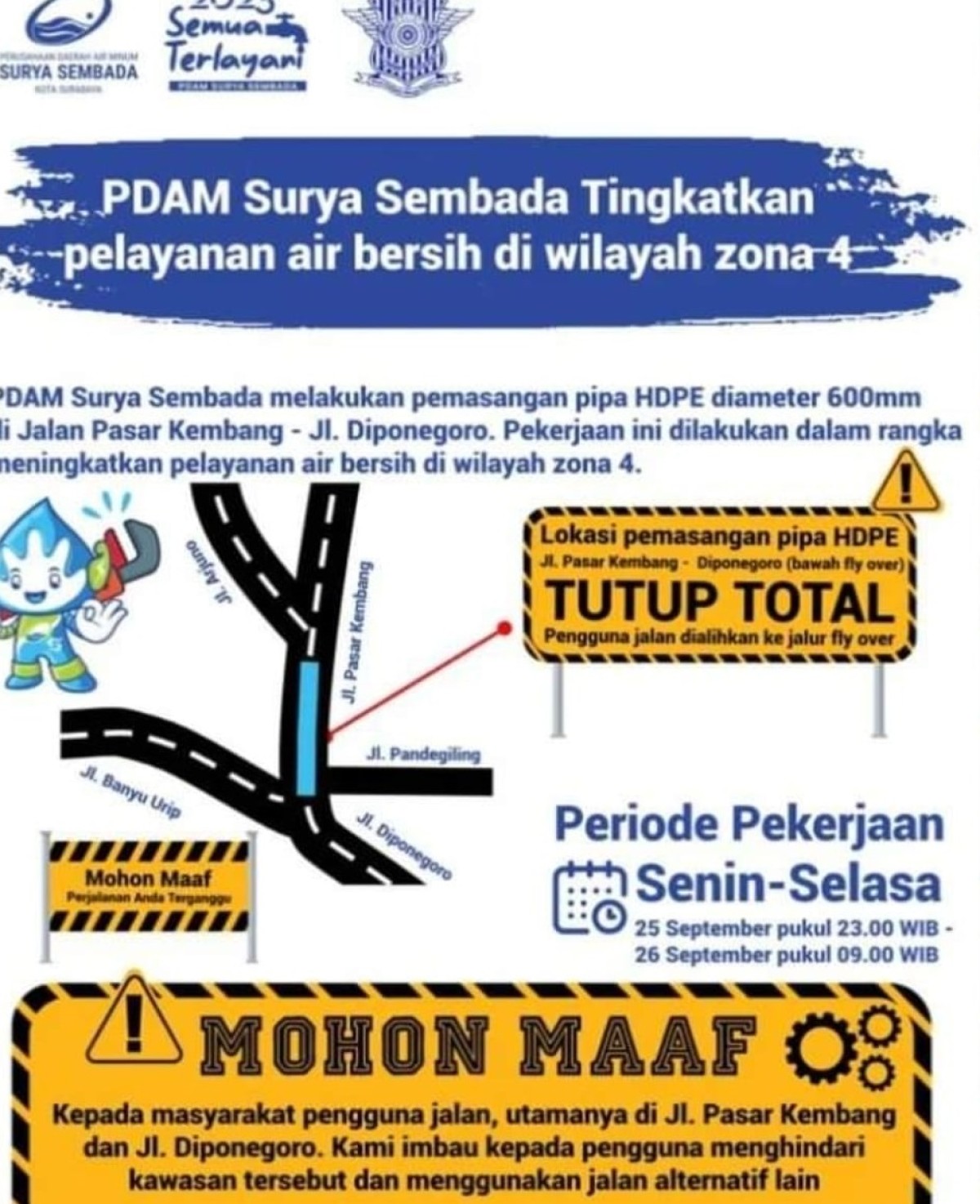 Pengumuman penutupan Fly Over Pasar Kembang-Jalan Diponegoro Surabaya. (Foto: PDAM Surya Sembada for jatimnow.com)