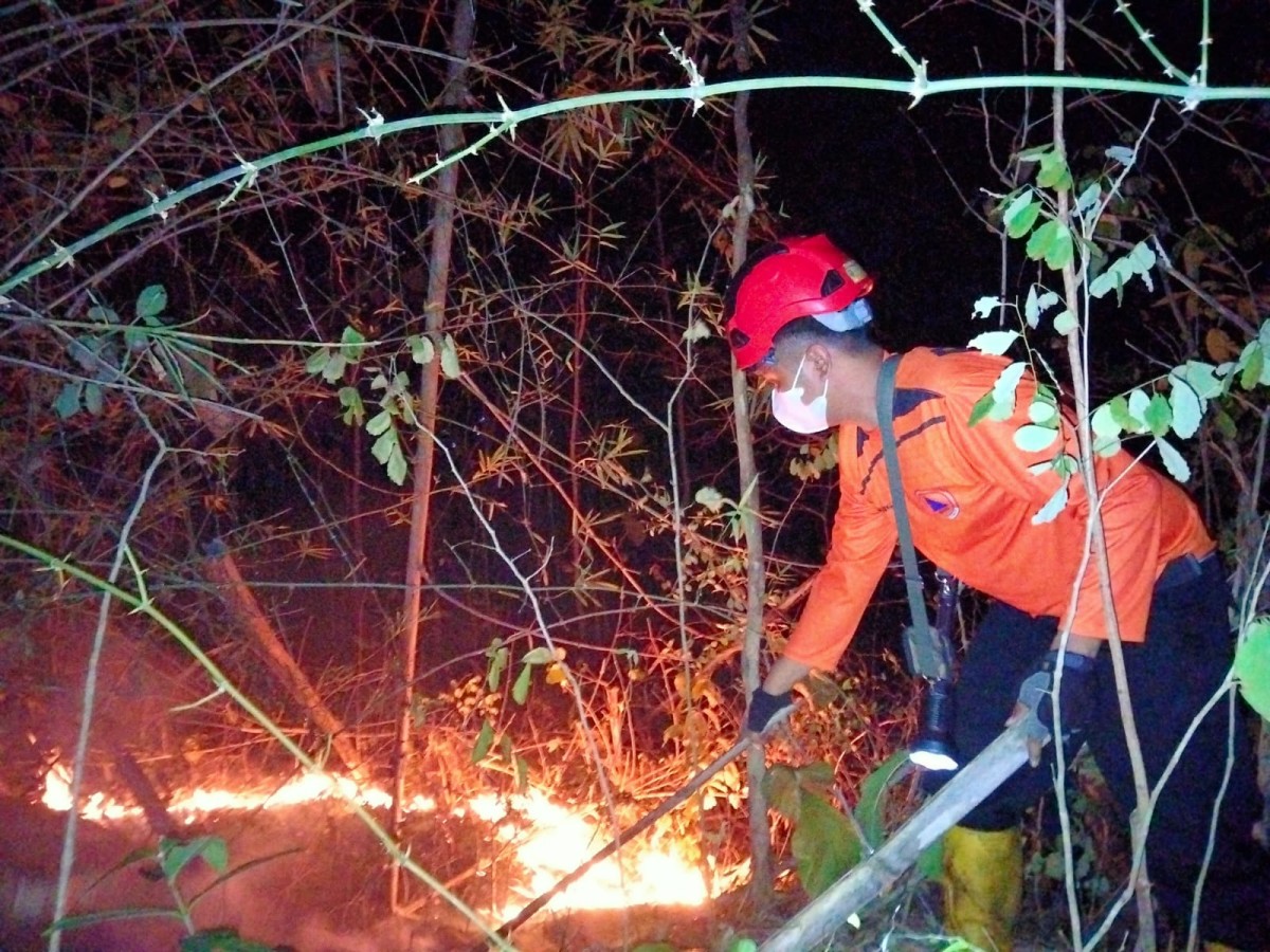 Petugas berupaya memadamkan kobaran api di Gunung orak arik. (Dok Satpol PP Trenggalek for jatimnow.com)