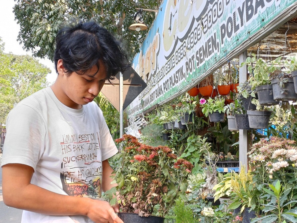 Salah satu penjual tanaman di Jalan Sumargo, Lamongan kota saat menunjukan salah satu tanaman yang kering akibat cuaca. (Foto : Adyad Ammy Iffansah/jatimnow.com)