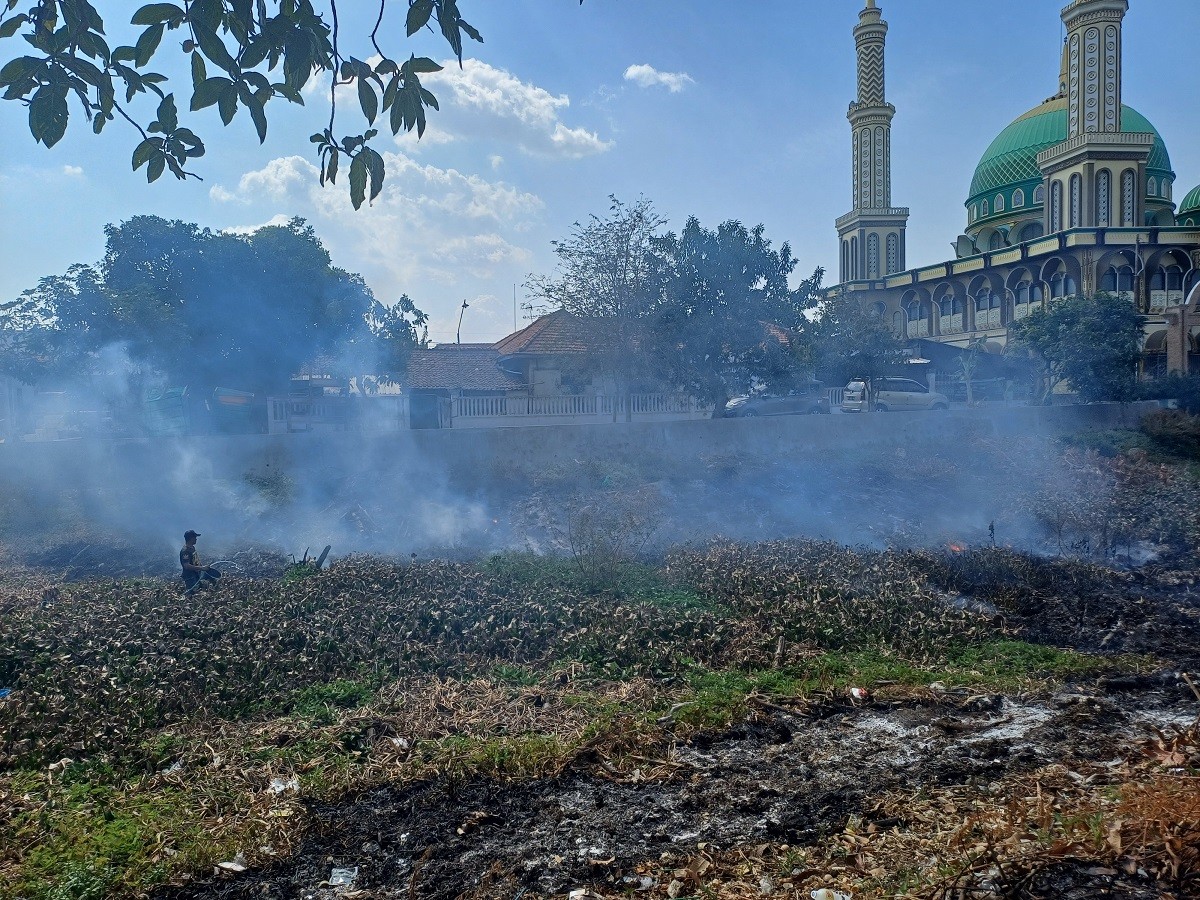 Sungai Dinoyo, di Desa Sugih Waras, Kecamatan Deket, Lamongan saat tengah terbakar. (Foto : Adyad Ammy Iffansah/jatimnow.com)