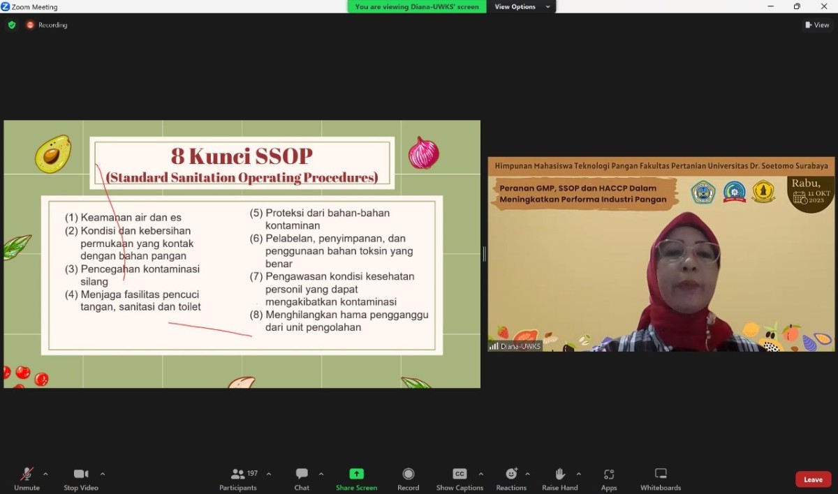 Diana Puspitasari, STP.,MT., Kaprodi Teknologi Industri Pertanian, Fakultas Teknik Universitas Kusuma Wijaya, saat memberikan materi Webinar. (Humas Unitomo for jatimnow.com)