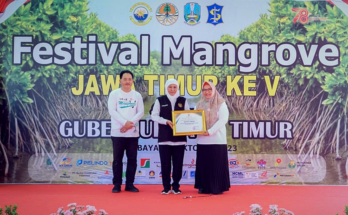 Wabup Gresik Aminatun Habibah menerima penghargaan pelestarian ekosistem manrove dari Gubernur Jatim (Foto: Humas Pemkab Gresik for jatimnow.com)