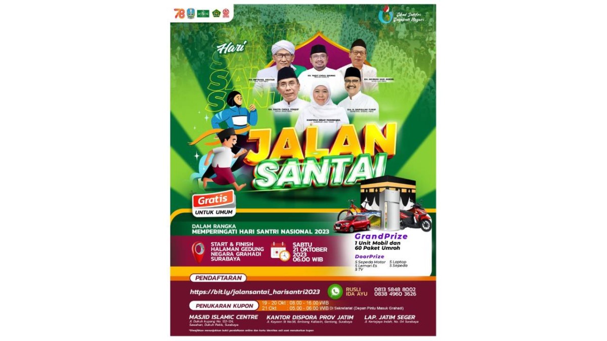 Hari Santri Nasional Tahun 2023 Pemerintah Provinsi Jawa Timur bersama Kemenag dan PBNU menggelar kegiatan Jalan Santai akan diselenggarakan besok