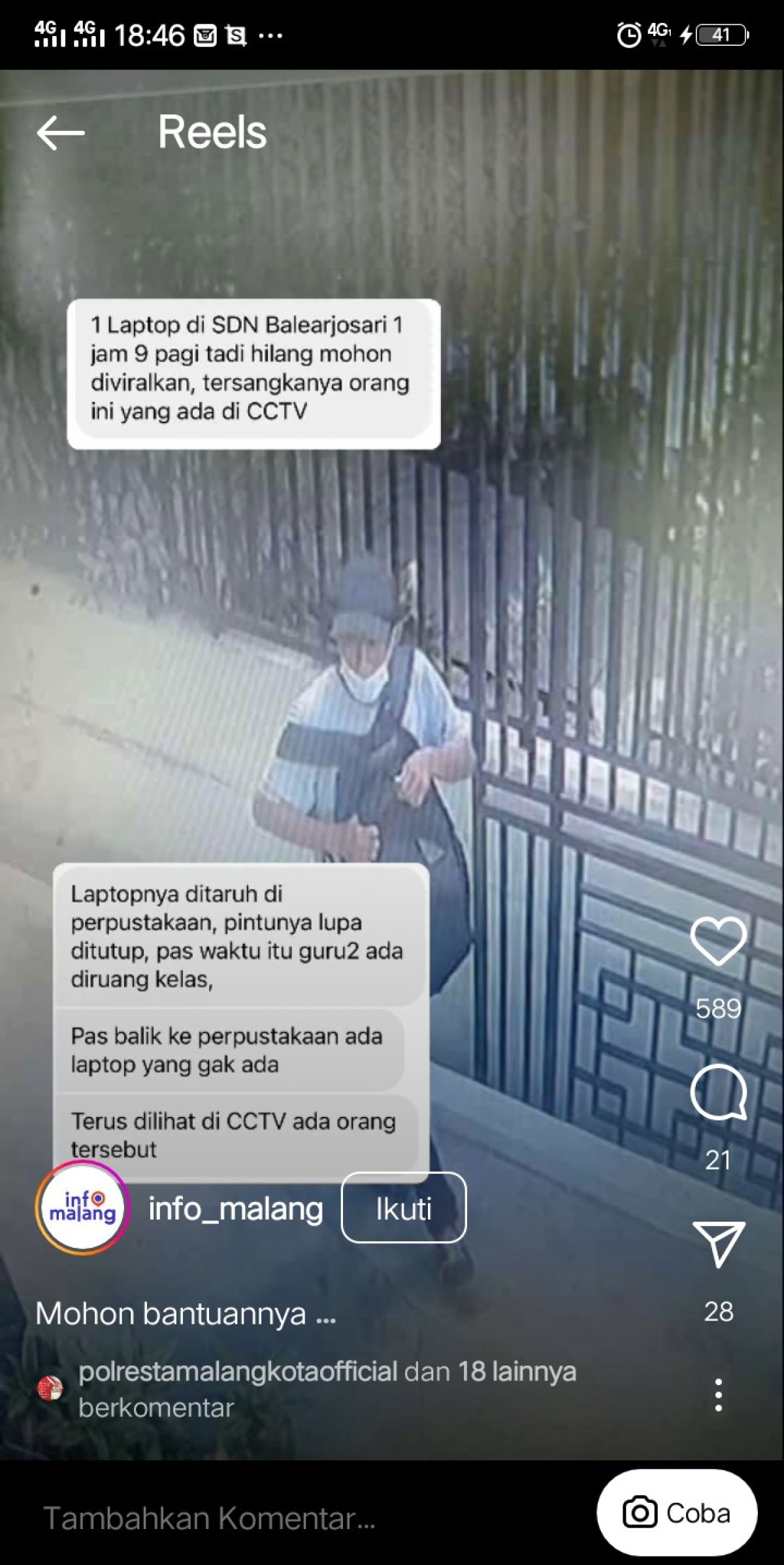 Tangkapan layar media sosial aksi pencurian terekam kamera CCTV terjadi di Sekolah Dasar Negeri Balearjosari 1, Kelurahan Balearjosari, Kecamatan Blimbing, Kota Malang. (Foto: media sosial for jatimnow.com)