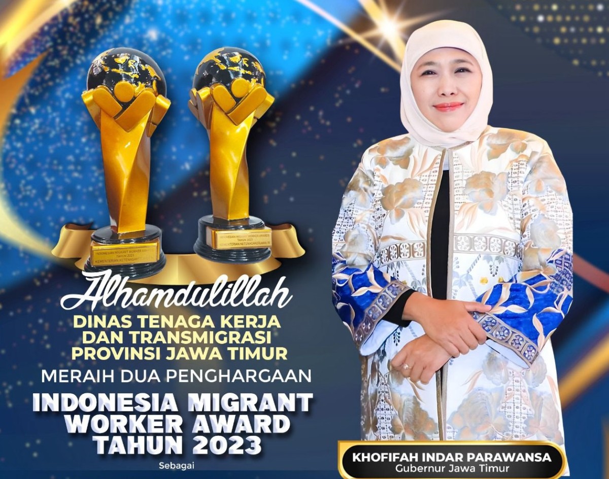 2 Penghargaan sekaligus diraih Pemprov Jatim pada ajang Indonesian Migrant Worker Award (IMWA) tahun 2023 dari Kementerian Tenaga Kerja RI. (Foto: Humas Pemprov Jatim for jatimnow.com)
