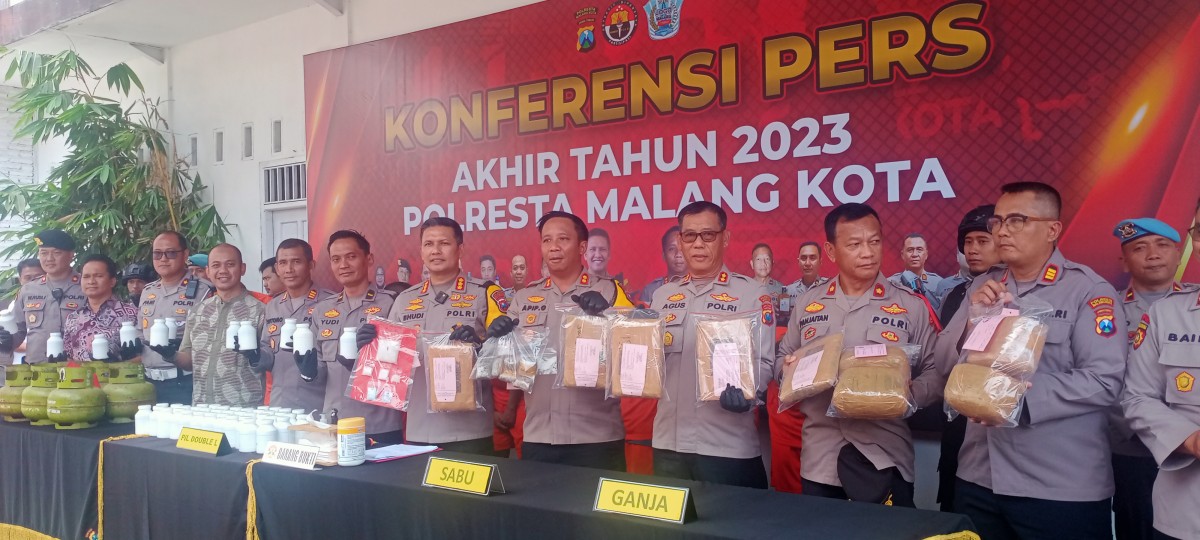Polresta Malang Kota saat menyampaikan analisa dan evaluasi (anev) sepanjang tahun 2023. (Foto: Gerhana/jatimnow.com)