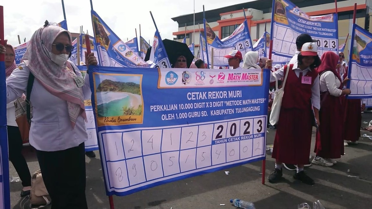 Siswa dan guru di Tulungagung saat mencatatkan rekor baru Muri. (Foto: Bramanta Pamungkas/jatimnow.com)