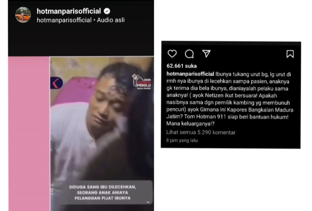 Tangkapan layar akun Instagram Hotman Paris saat menyoroti kasus penganiayaan anak terhadap pelanggan pijat ibunya. (Foto: akun Instagram Hotman Paris for jatimnow.com))
