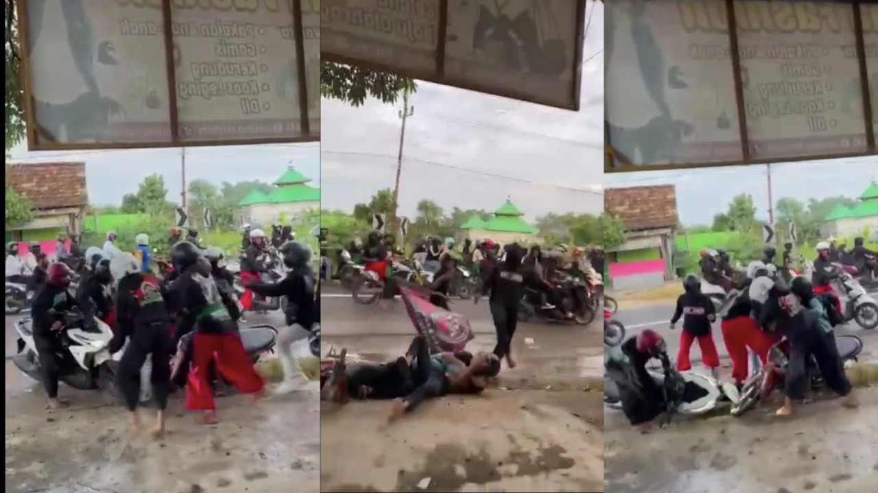 Aksi pengeroyokan oleh oknum pesilat pada pengendara motor yang melintas di Tuban. (Foto: tangkapan layar media sosial)
