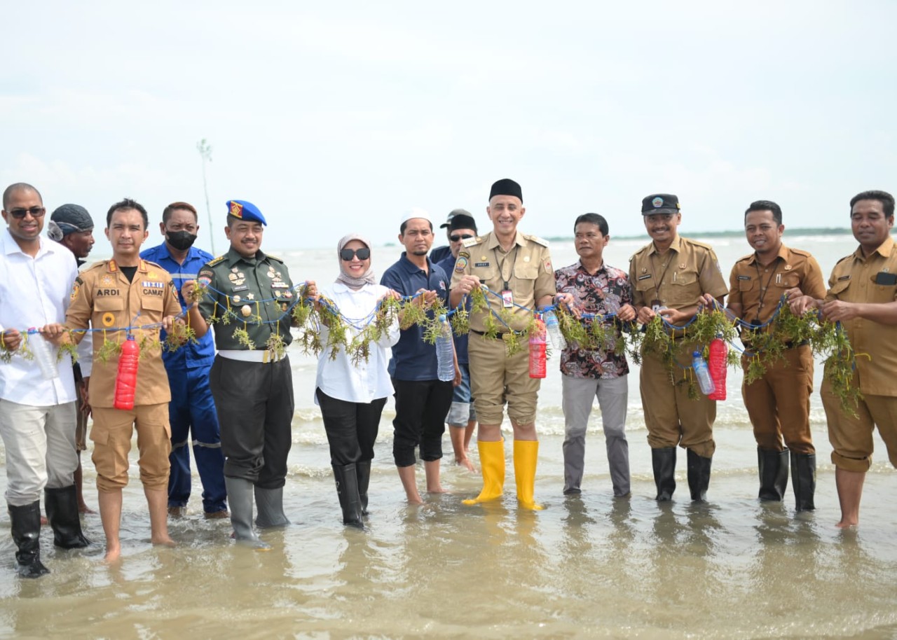 PJ Bupati Bangkalan Arief M Edie bersama Yakuttinah Marjan (baju putih) Pimpinan Jeeva Bumi Nusantara saat mendampingi masyarakat pesisir dalam budidaya rumput laut di Klampis Bangkalan. (Foto: Fathor Rahman/jatimnow.com)