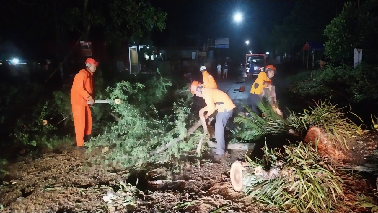 Petugas BPBD Trenggalek mengevakuasi pohon tumbang yang tutup akses jalan nasional. (Foto: BPBD Trenggalek)