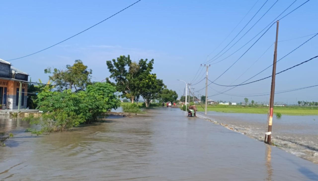 Kondisi jalan poros penghubung desa pada wilayah kecamatan terendam banjir luapan Kali Lamong. (Foto : BPBD Gresik for jatimnow.com)