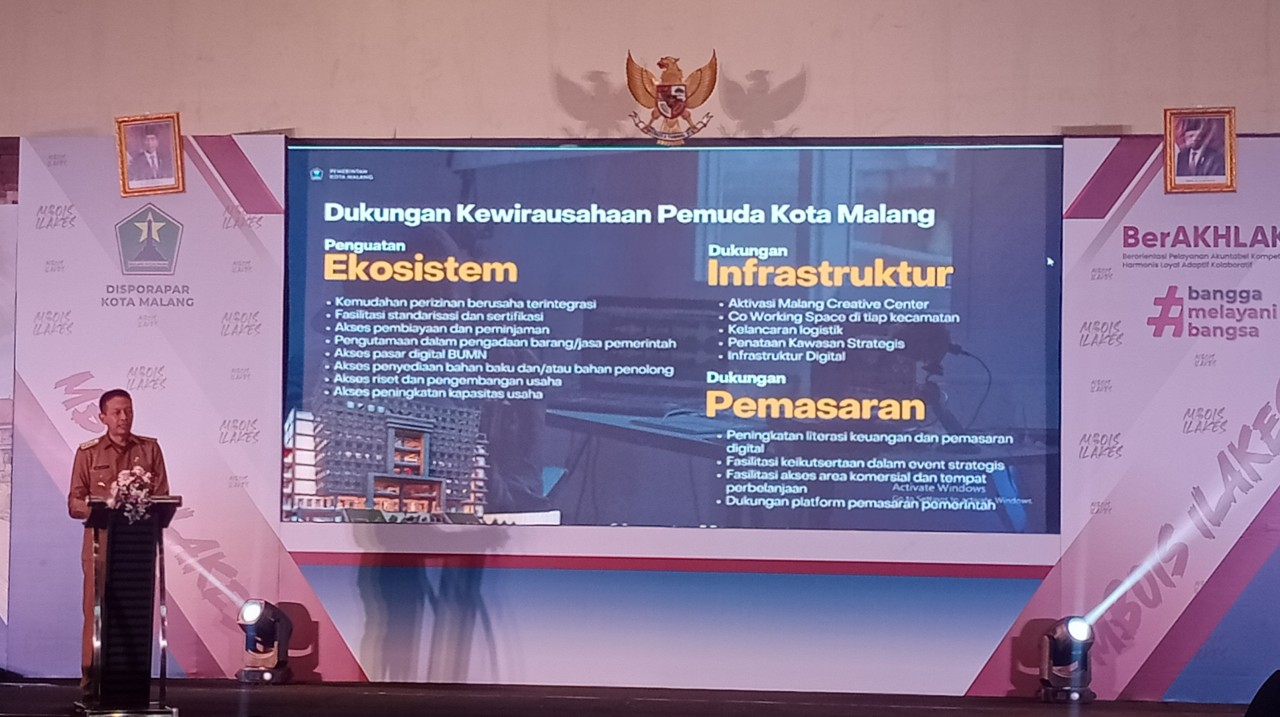 Pj Wali Kota Malang, Wahyu Hidayat saat memberi sambutan saat kegiatan Sosialisasi Pembinaan Keterampilan Wirausahawan Pemuda Kota Malang pada Senin (26/2/2024).  (Foto : Gerhana/jatimnow.com)