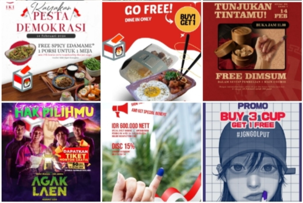 Beberapa flyer gratisan di Kota Malang bagi warga yang menggunakan hak pilihnya. (Foto: Gerhana/jatimnow.com)