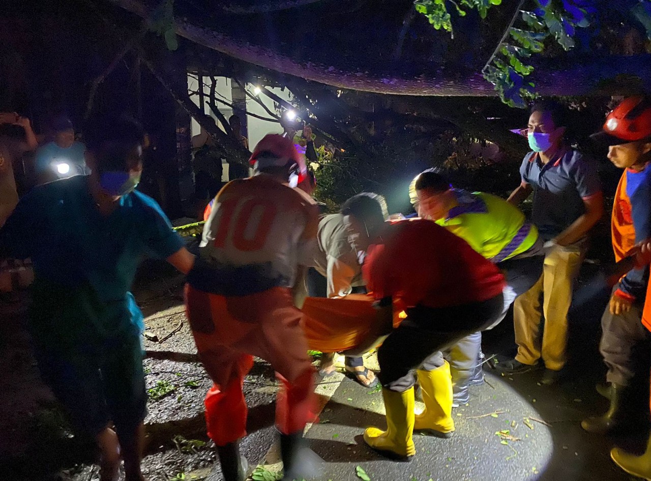 Petugas saat mengevakuasi jenazah korban yang tertimpa pohon. (Foto: Dok BPBD Trenggalek for jatimnow.com)
