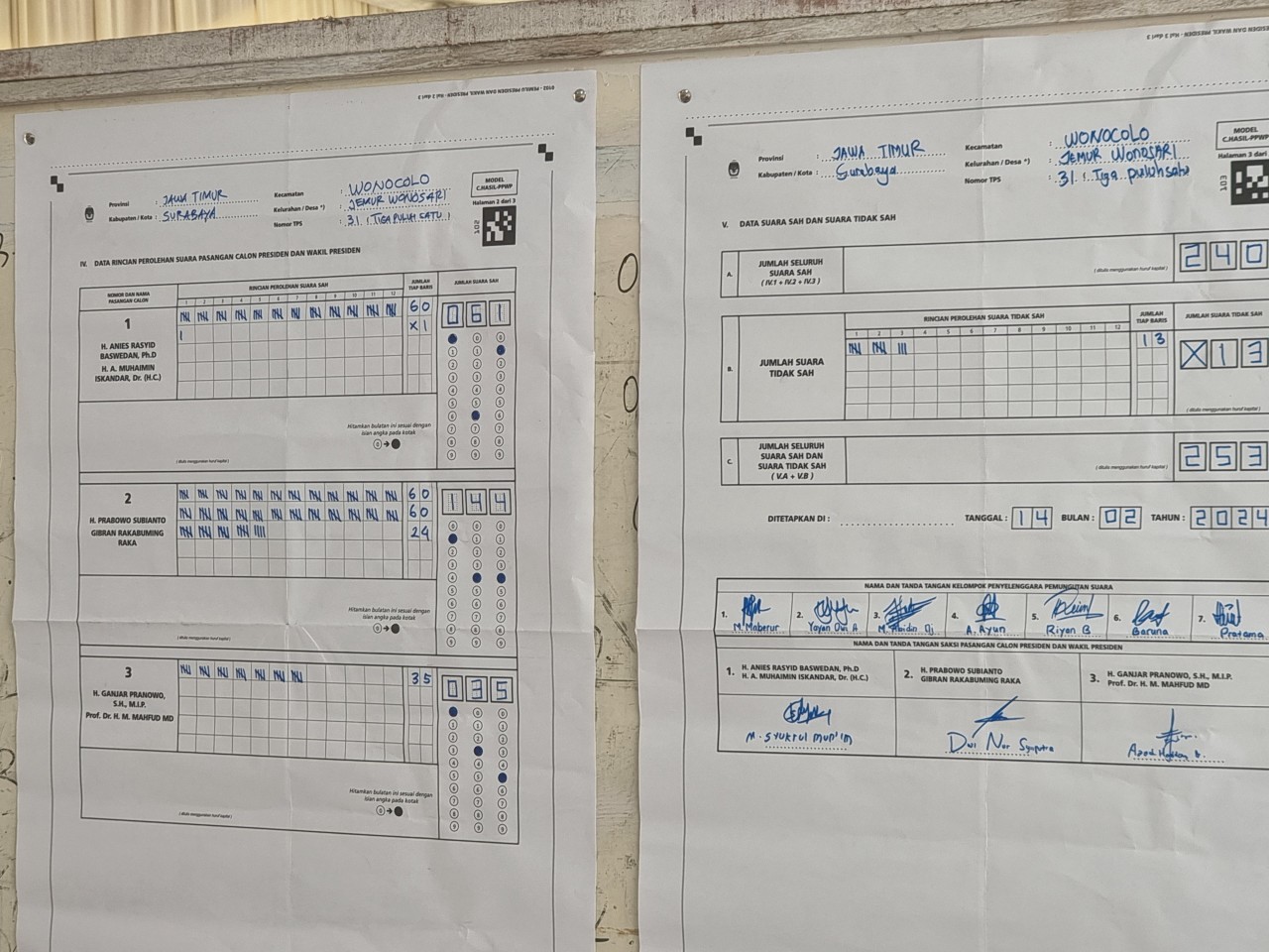 Perolehan Suara Capres-Cawapres di TPS Jemursari Tempat Khofifah Nyoblos