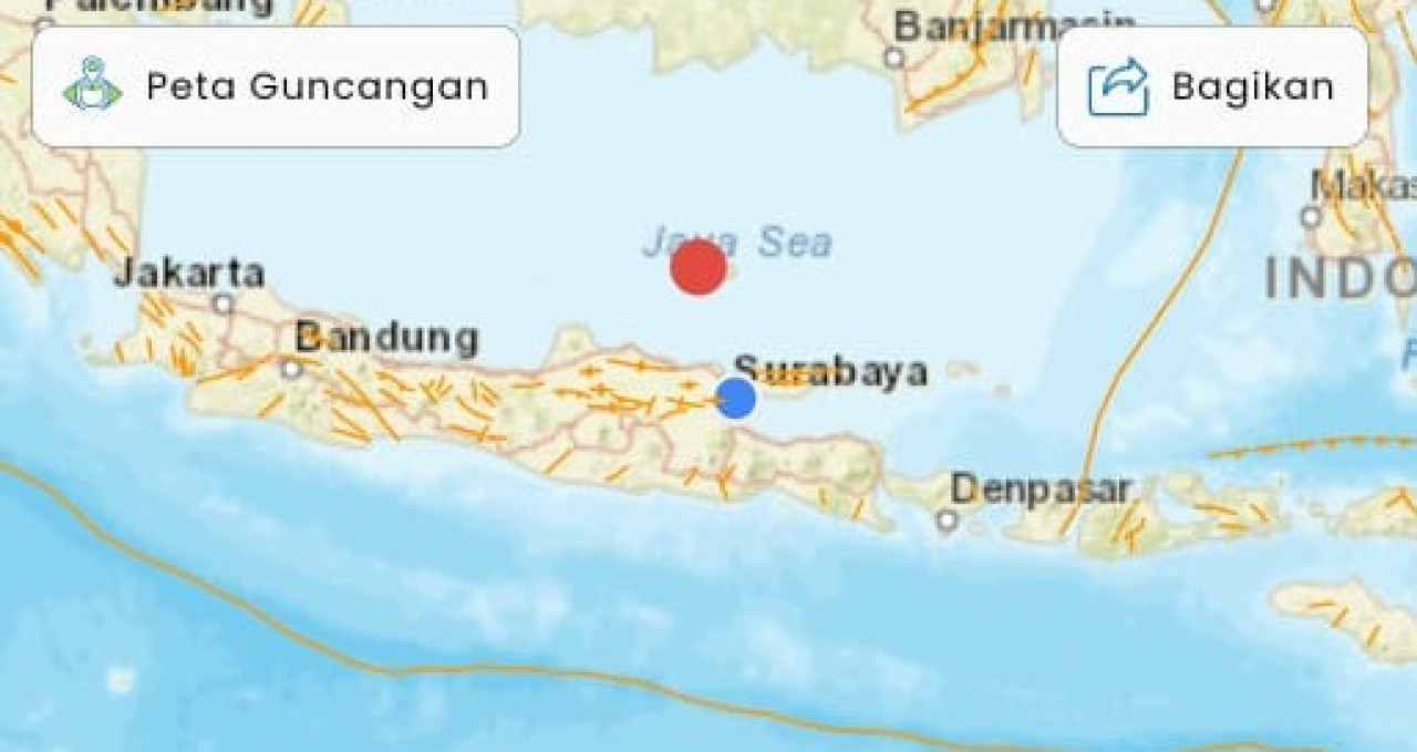 Titik gempa di perairan Tuban. (Foto: tangkapan layar data BMKG)
