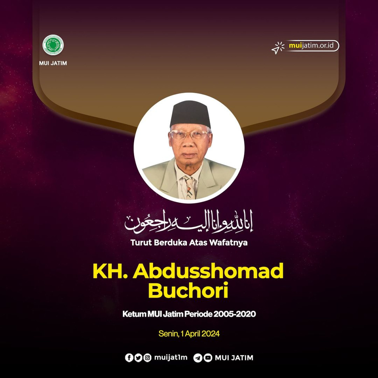 Almarhum Mantan Ketua Majelis Ulama Indonesia (MUI) Jawa Timur, KH Abdussomad Buchori. (Foto: akun Instagram @muijat1m for jatimnow.com))
