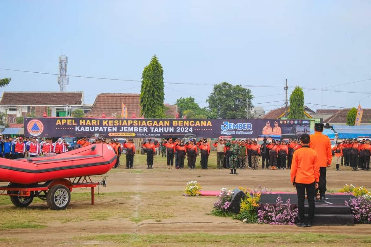 Apel Kesiapsiagaan Bencana 2024 di Alun-Alun Puger, Selasa (28/5/2024). (Foto: Giant for jatimnow.com)